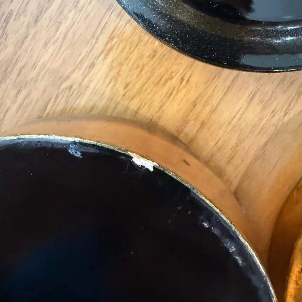 Coaster Set of 6 Gold Tone Metal Aged Patina Black Lacquer Round Wood Box Japan